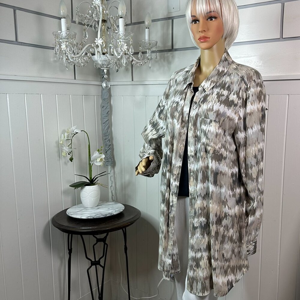 Brown, Beige, Gray Button Down Blouse Is it Camo? Intro. Size XL